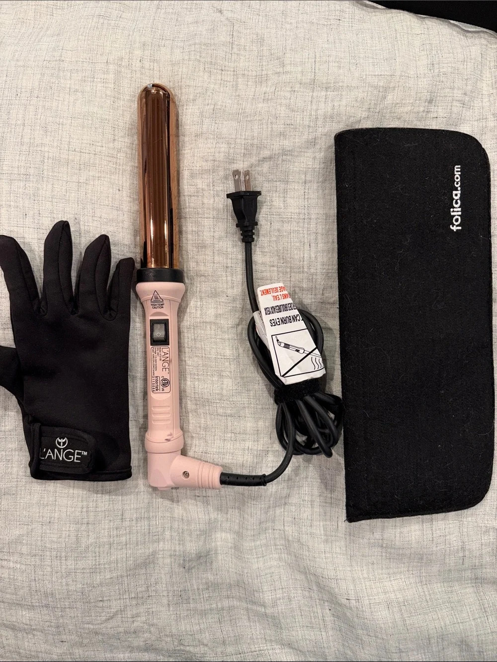 L’ange Pink and Rose Gold Curling Wand with Glove and Pouch